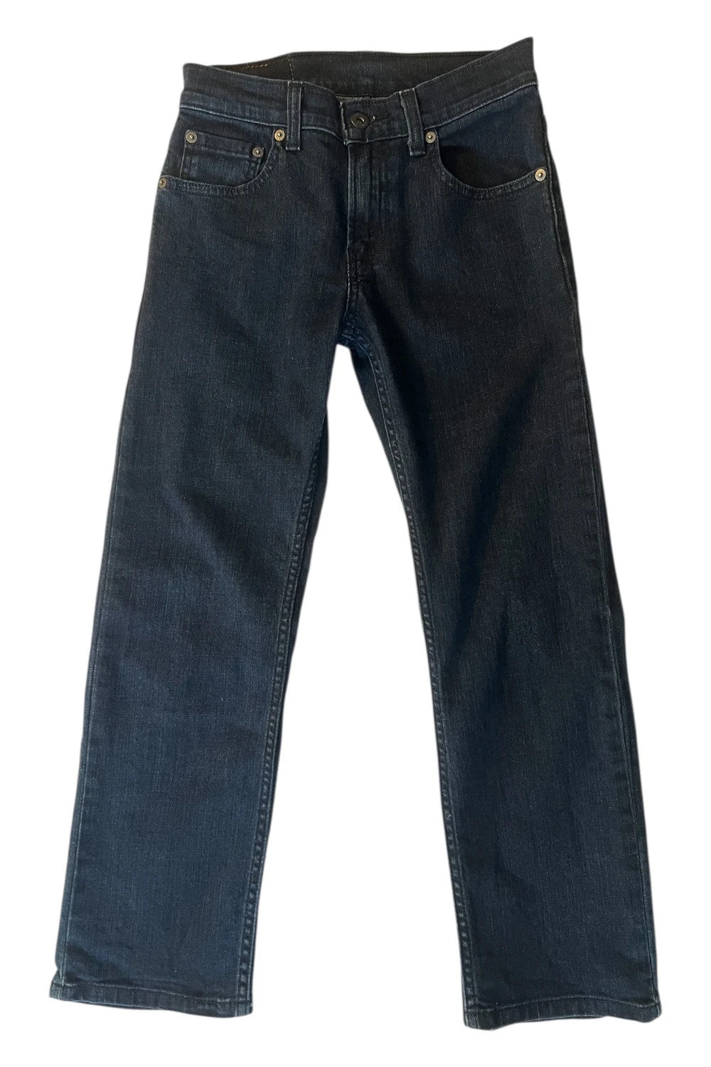 Levi's navy straight jeans with classic 505 logo and denim material.