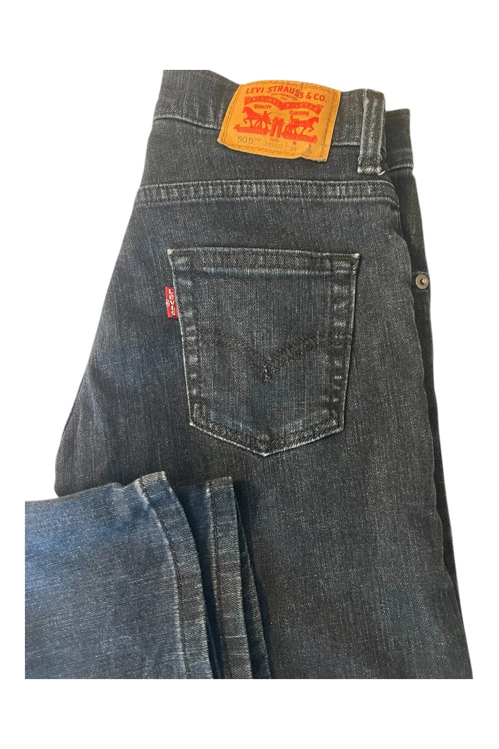 Levi's navy straight jeans with classic 505 logo and denim material.