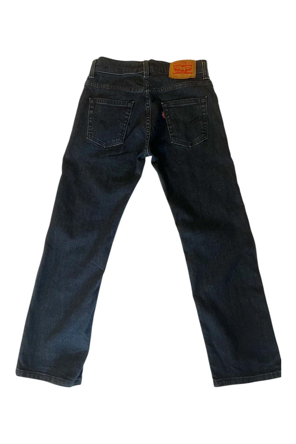 Levi's navy straight jeans with classic 505 logo and denim material.