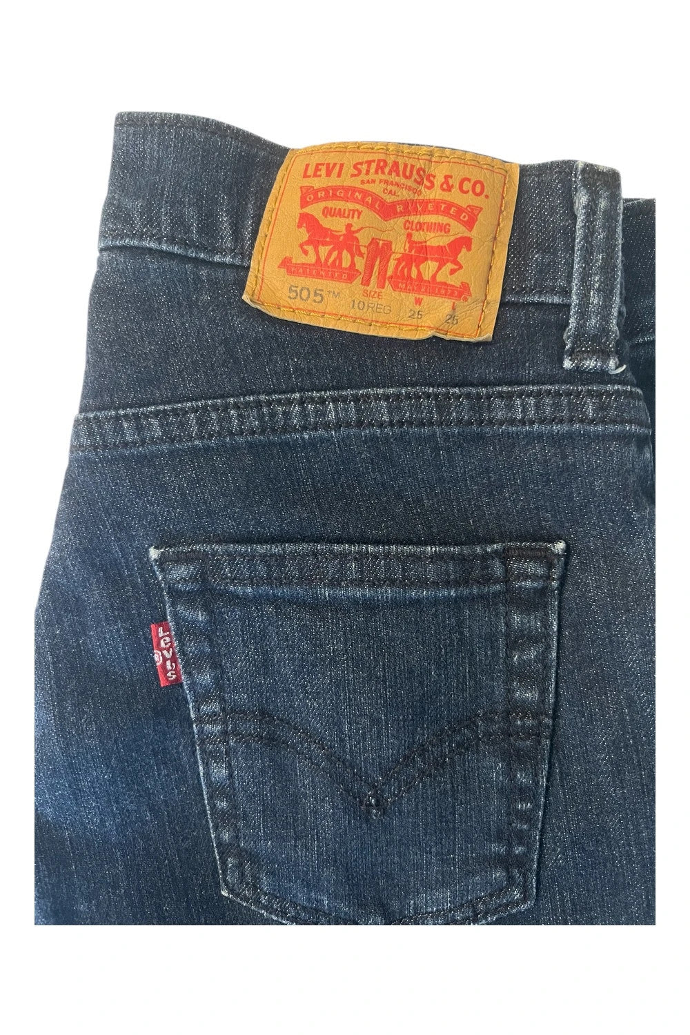 Levi's navy straight jeans with classic 505 logo and denim material.