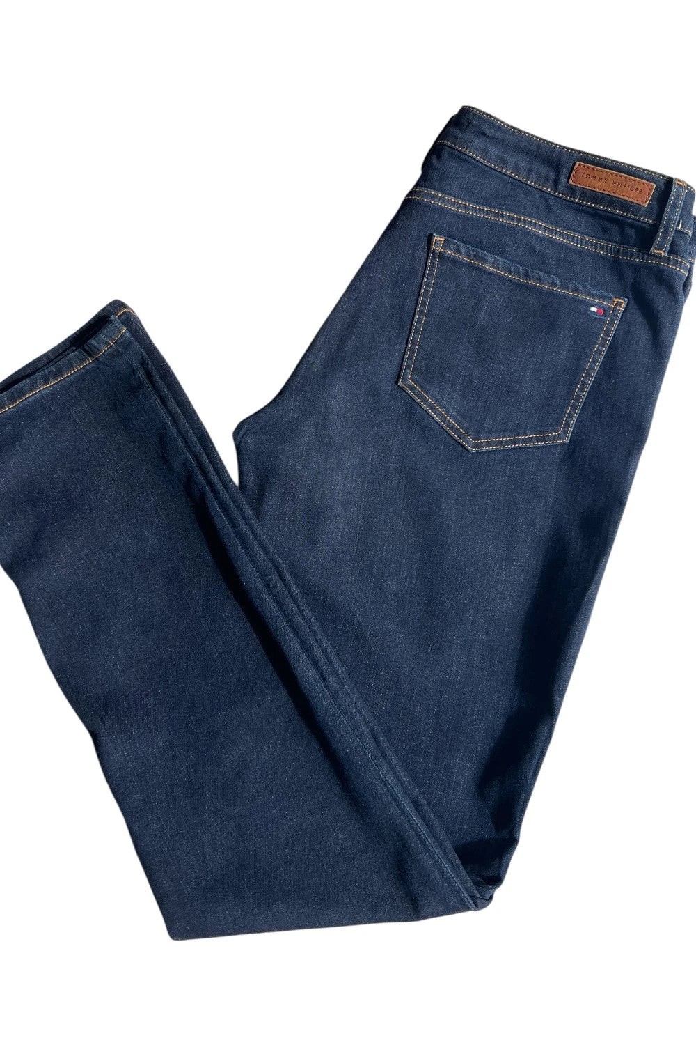 Tommy Hilfiger navy straight jeans classic fit with logo patch and quality denim.