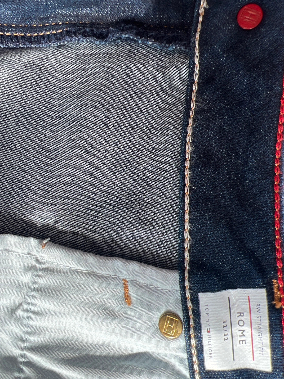 Tommy Hilfiger navy straight jeans classic fit with logo patch and quality denim.