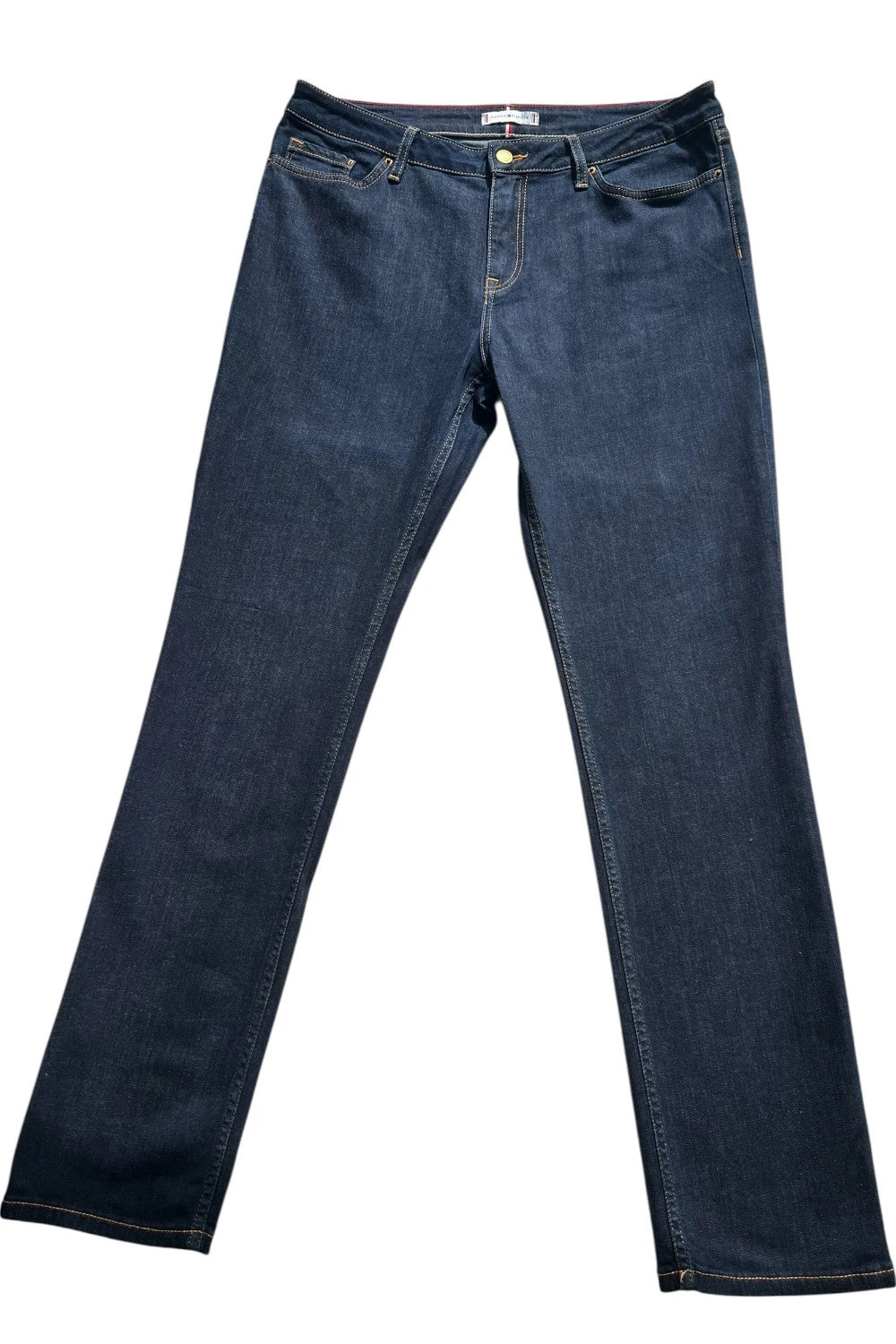 Tommy Hilfiger navy straight jeans classic fit with logo patch and quality denim.