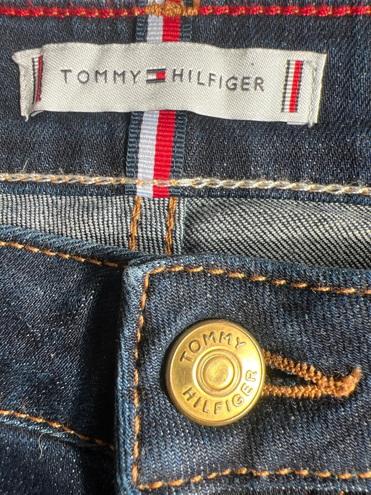 Tommy Hilfiger navy straight jeans classic fit with logo patch and quality denim.