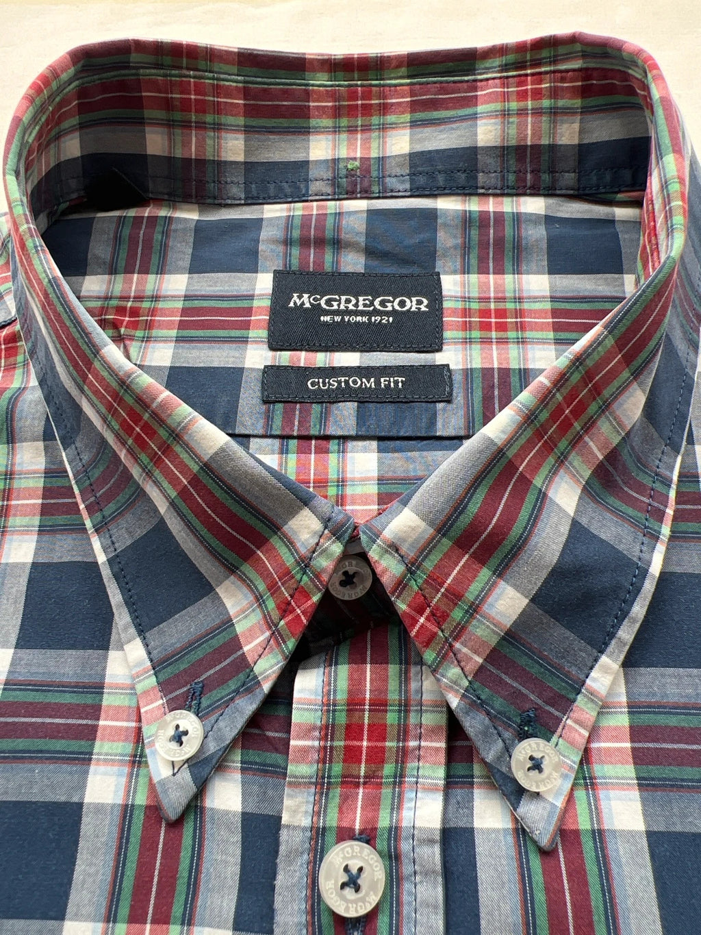 McGregor blue and red checkered shirt, button-down, 100% cotton, Custom Fit, XXL.