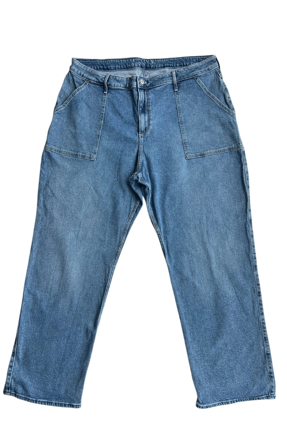 Hollister blue straight jeans relaxed fit vintage baggy style with casual denim texture.