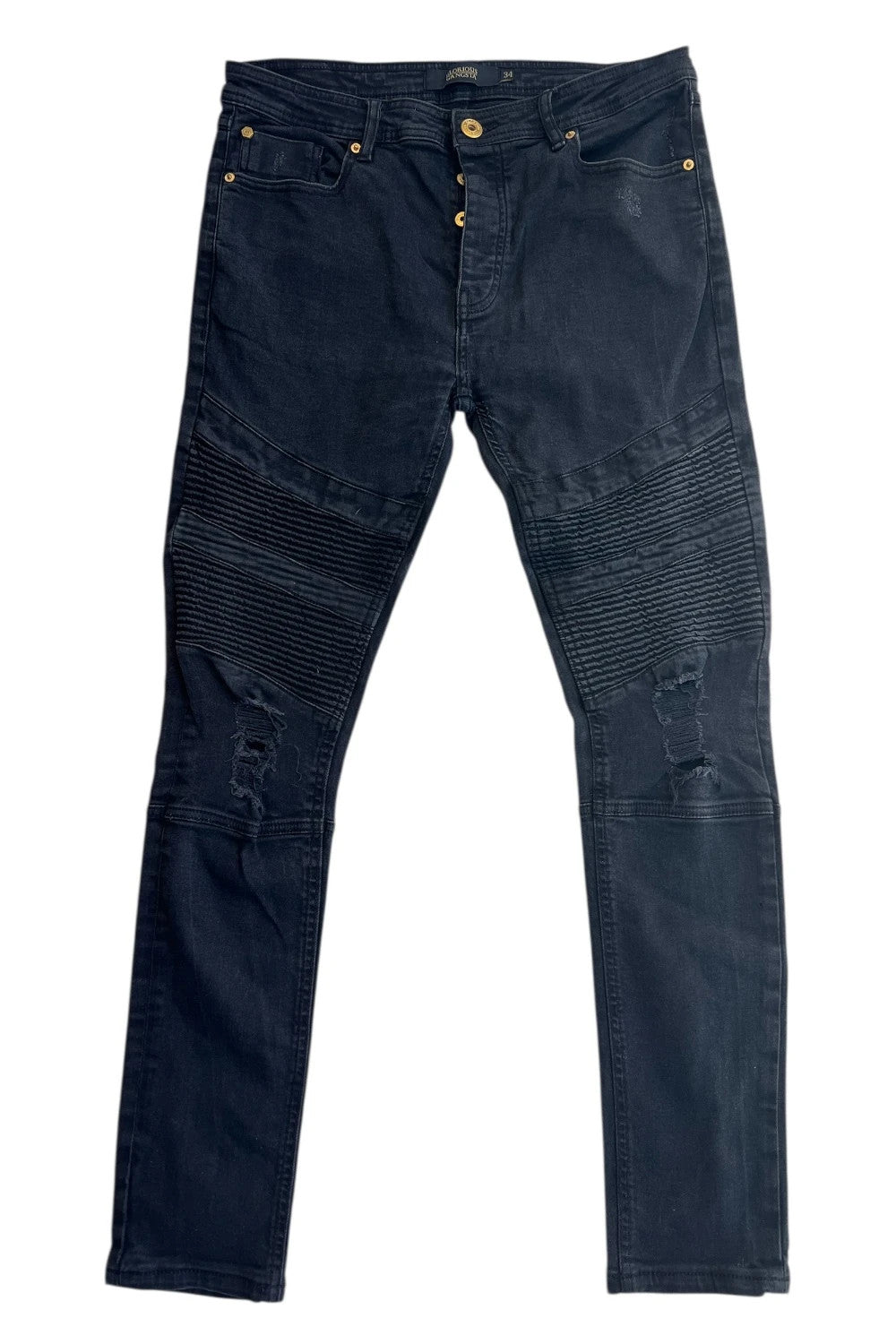 Glorious Gangsta black biker jeans with distressed knee panels and slim fit.