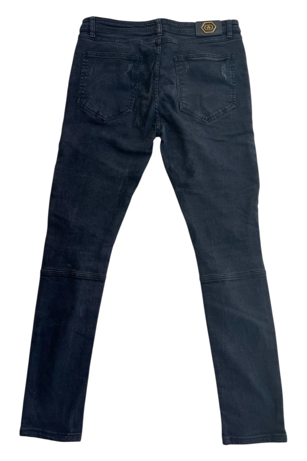 Glorious Gangsta black biker jeans with distressed knee panels and slim fit.