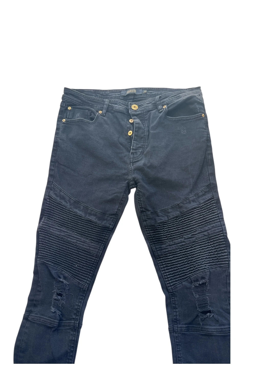 Glorious Gangsta black biker jeans with distressed knee panels and slim fit.
