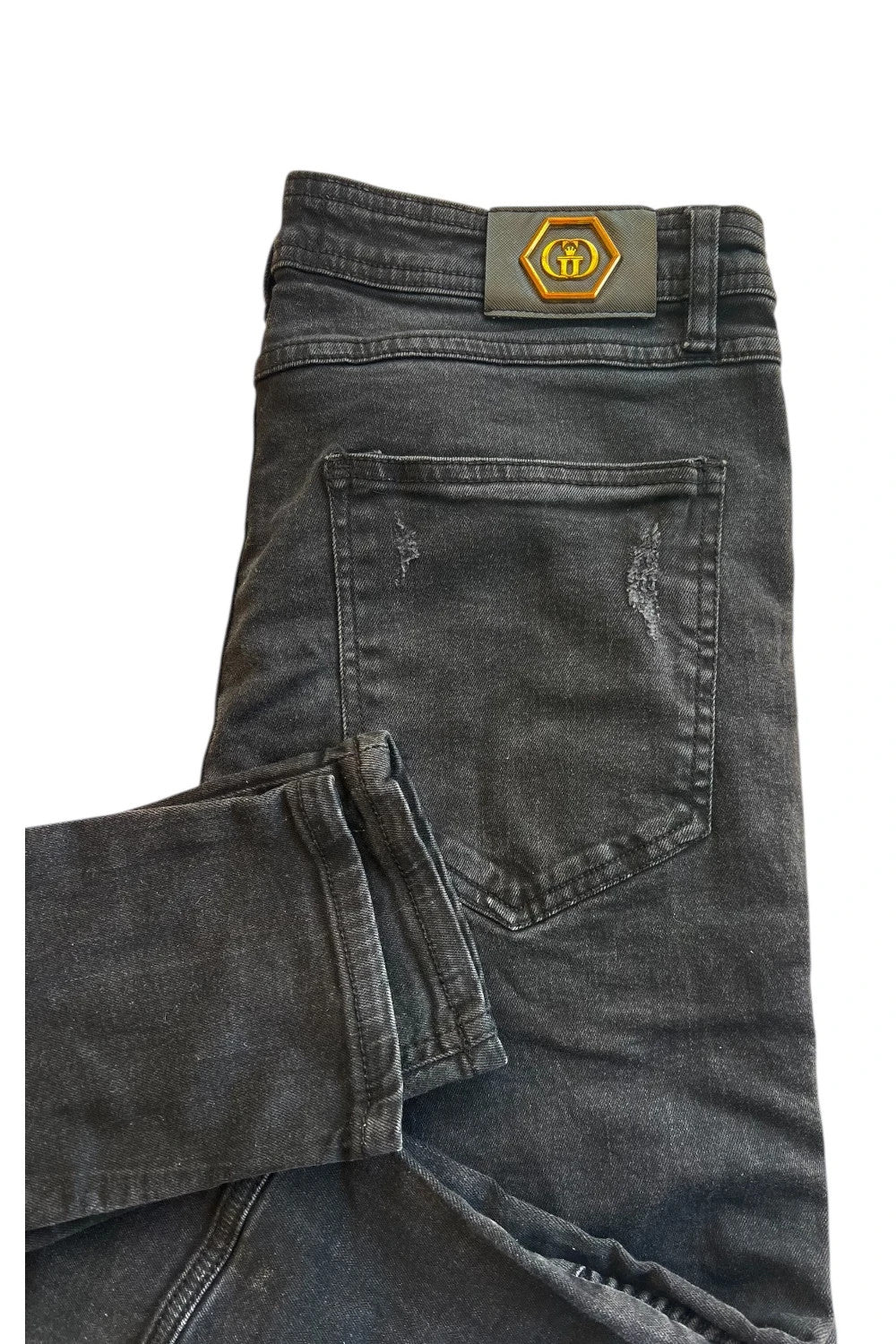 Glorious Gangsta black biker jeans with distressed knee panels and slim fit.