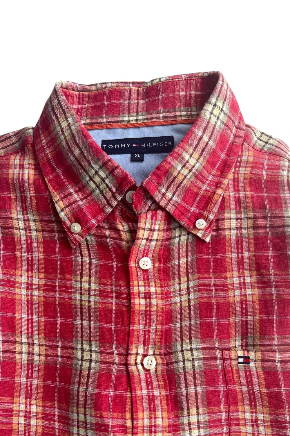 Tommy Hilfiger red short-sleeve button-down shirt with checkered pattern and linen material.