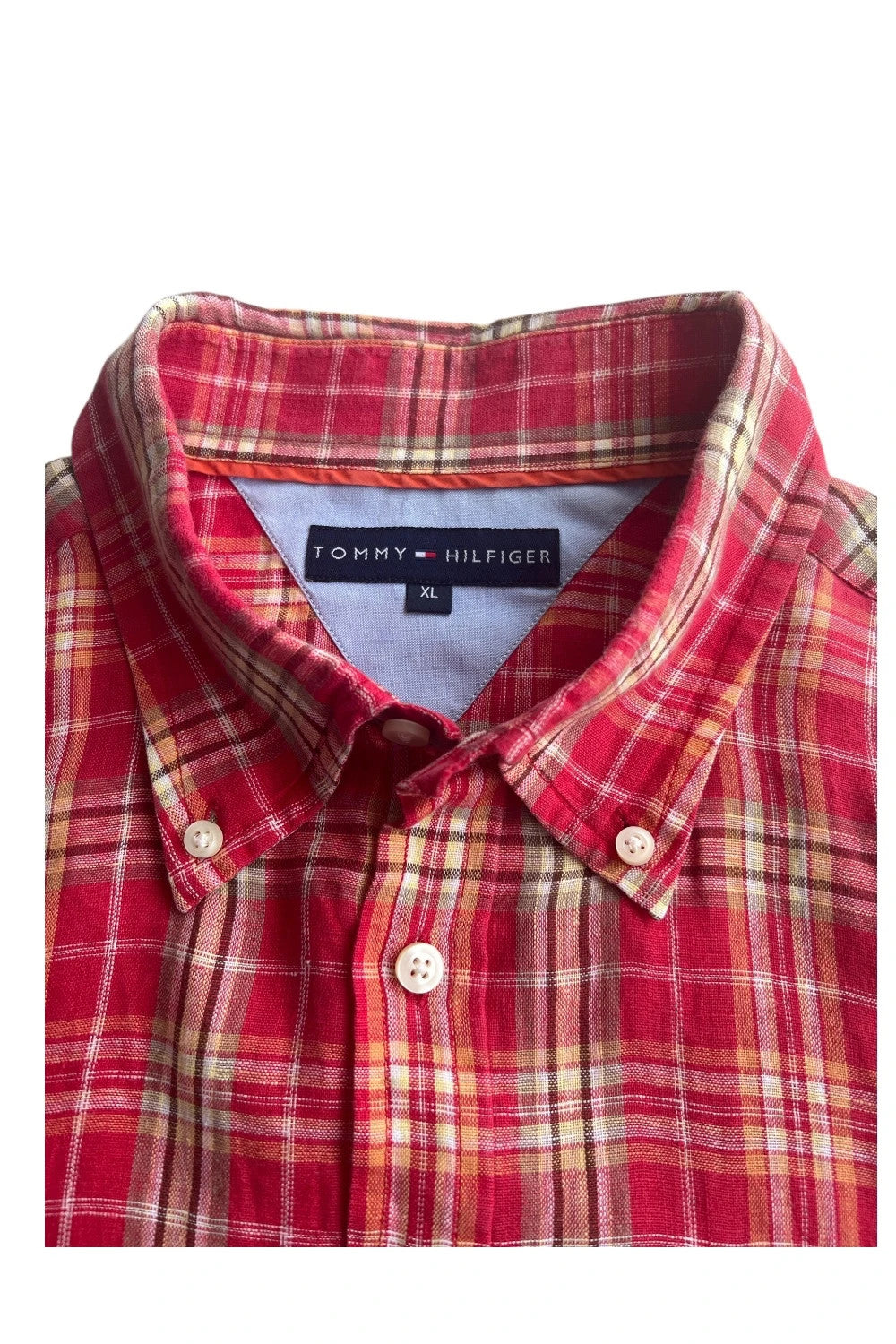 Tommy Hilfiger red short-sleeve button-down shirt with checkered pattern and linen material.