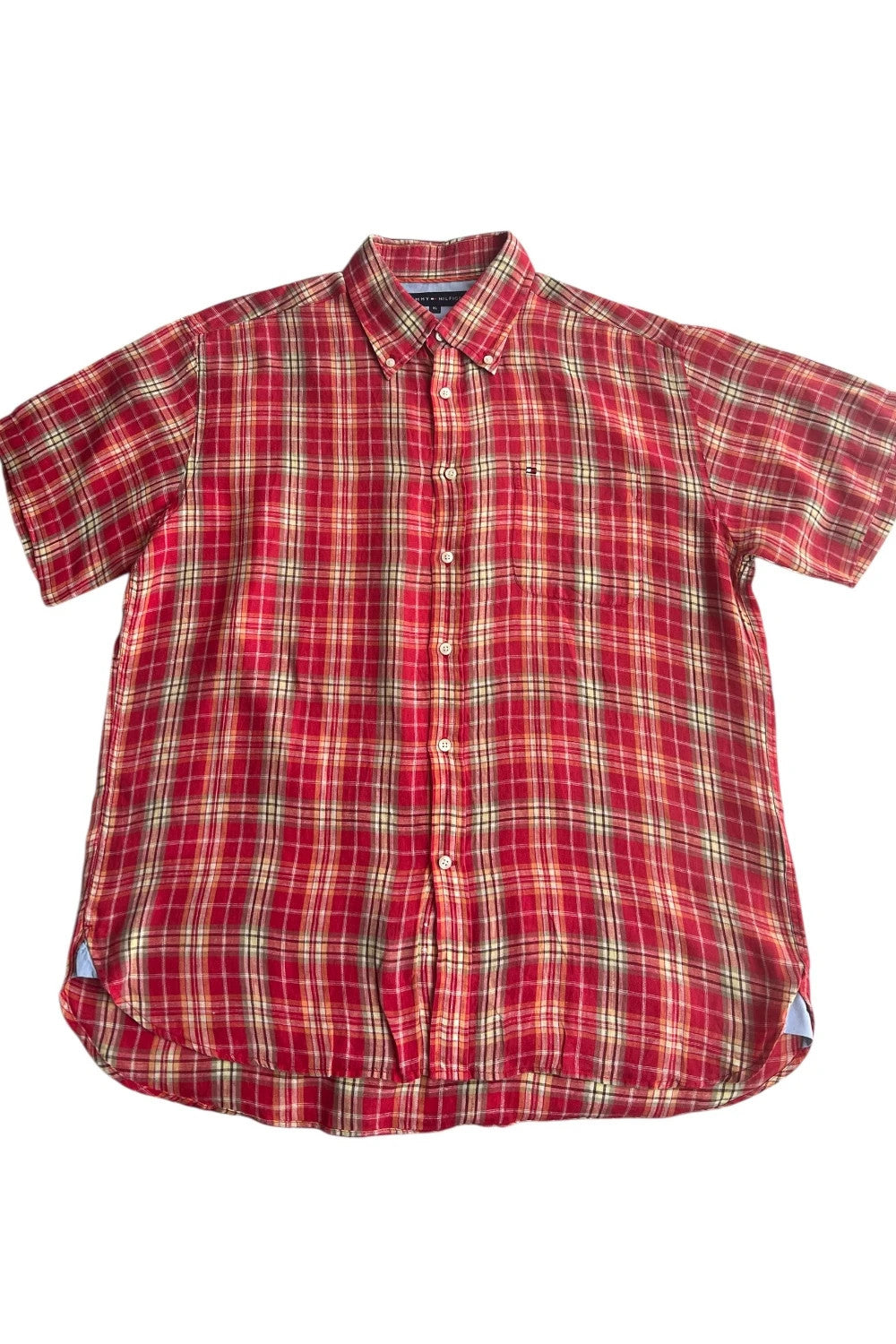 Tommy Hilfiger red short-sleeve button-down shirt with checkered pattern and linen material.