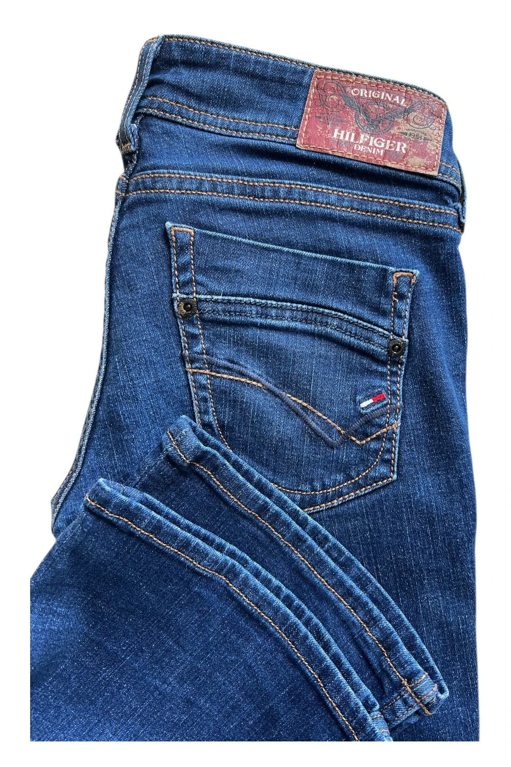 Tommy Hilfiger navy straight jeans low rise Y2K vintage stretch denim with logo.
