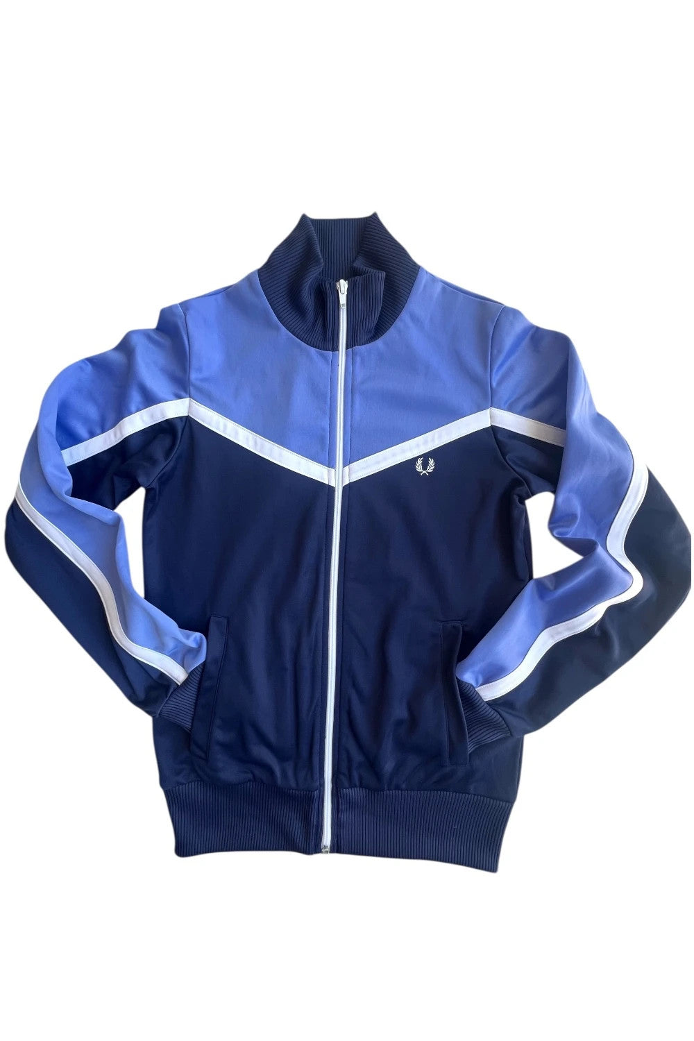 Fred Perry blue Y2K sporty jacket with logo detail and vintage track design.