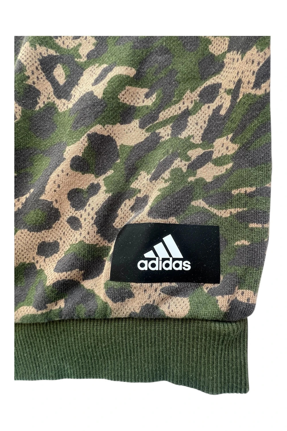 Adidas khaki camouflage oversized sweatshirt large logo casual streetwear style.
