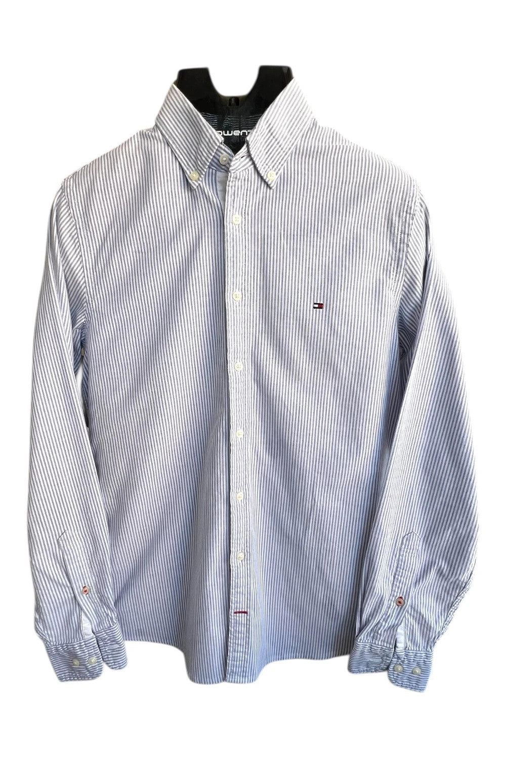 Tommy Hilfiger blue and white striped button-down shirt, slim fit, casual style.