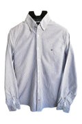 Tommy Hilfiger blue and white striped button-down shirt, slim fit, casual style.