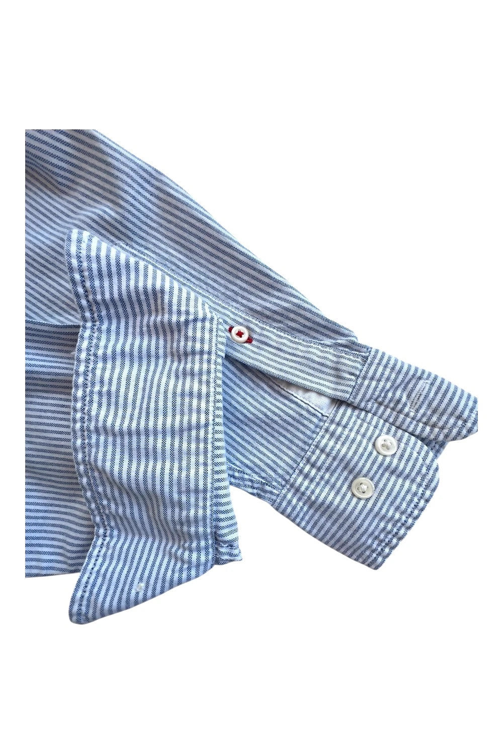 Tommy Hilfiger blue and white striped button-down shirt, slim fit, casual style.