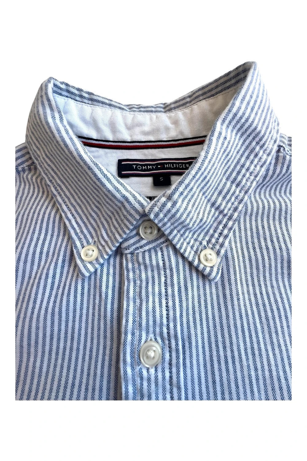 Tommy Hilfiger blue and white striped button-down shirt, slim fit, casual style.