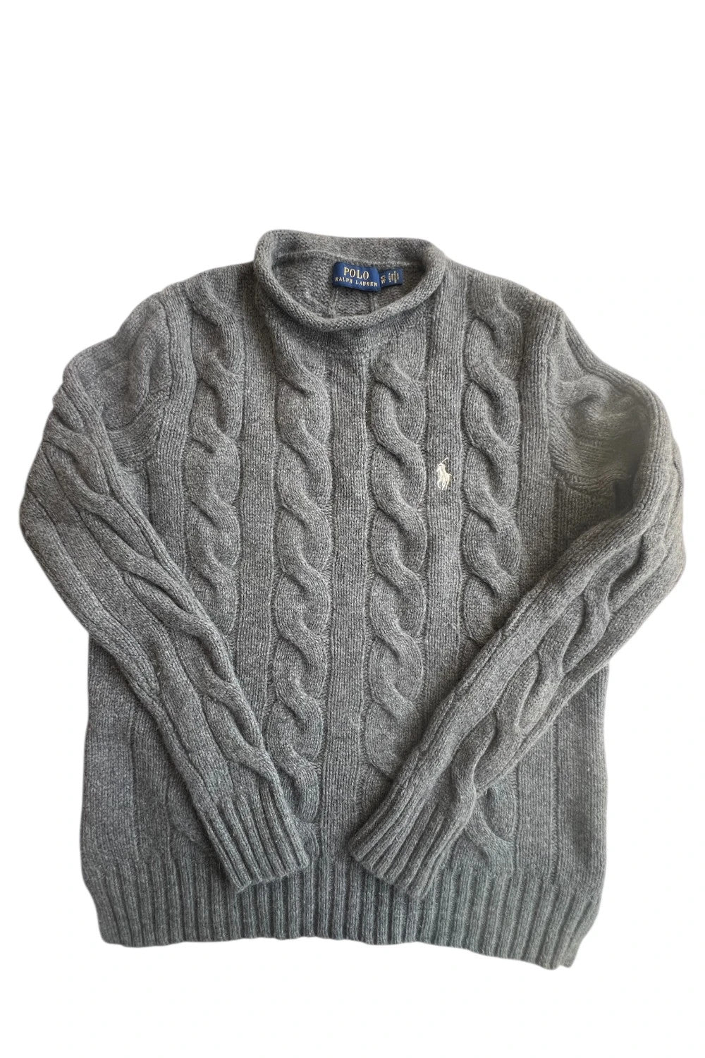 Ralph Lauren grey cable knit cashmere sweater with classic design and premium texture.