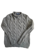 Ralph Lauren grey cable knit cashmere sweater with classic design and premium texture.
