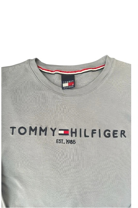 Tommy Hilfiger grey sweatshirt classic logo casual cotton minimalist design.