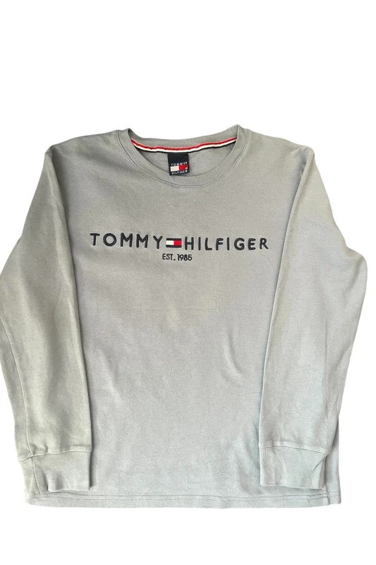 Tommy Hilfiger grey sweatshirt classic logo casual cotton minimalist design.