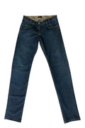 Burberry navy straight jeans with interior check pattern, slightly fitted, 100% cotton.
