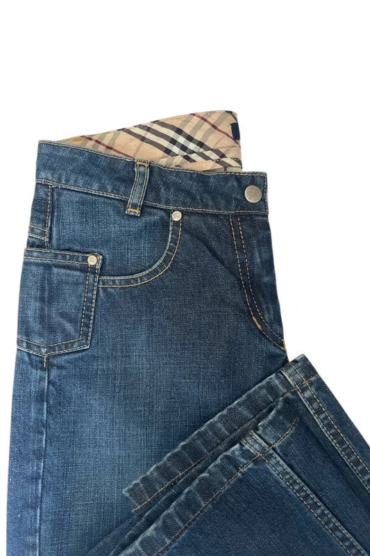 Burberry navy straight jeans with interior check pattern, slightly fitted, 100% cotton.