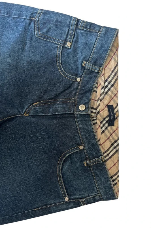 Burberry navy straight jeans with interior check pattern, slightly fitted, 100% cotton.