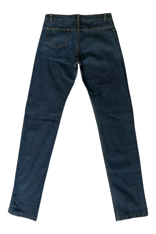 Burberry navy straight jeans with interior check pattern, slightly fitted, 100% cotton.