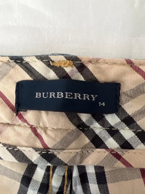 Burberry navy straight jeans with interior check pattern, slightly fitted, 100% cotton.