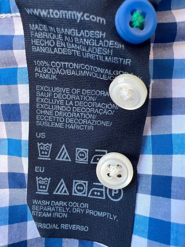 Tommy Hilfiger blue and white checkered shirt, button-down collar, 100% cotton.