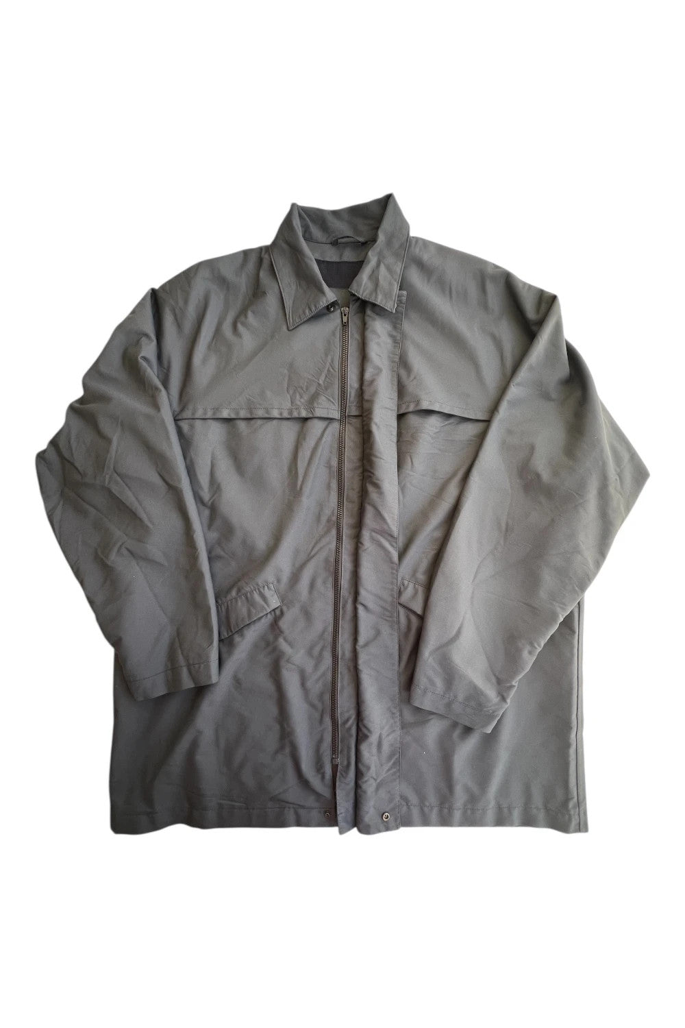 Ermenegildo Zegna grey oversized waterproof jacket with minimalistic design and Microtene material.