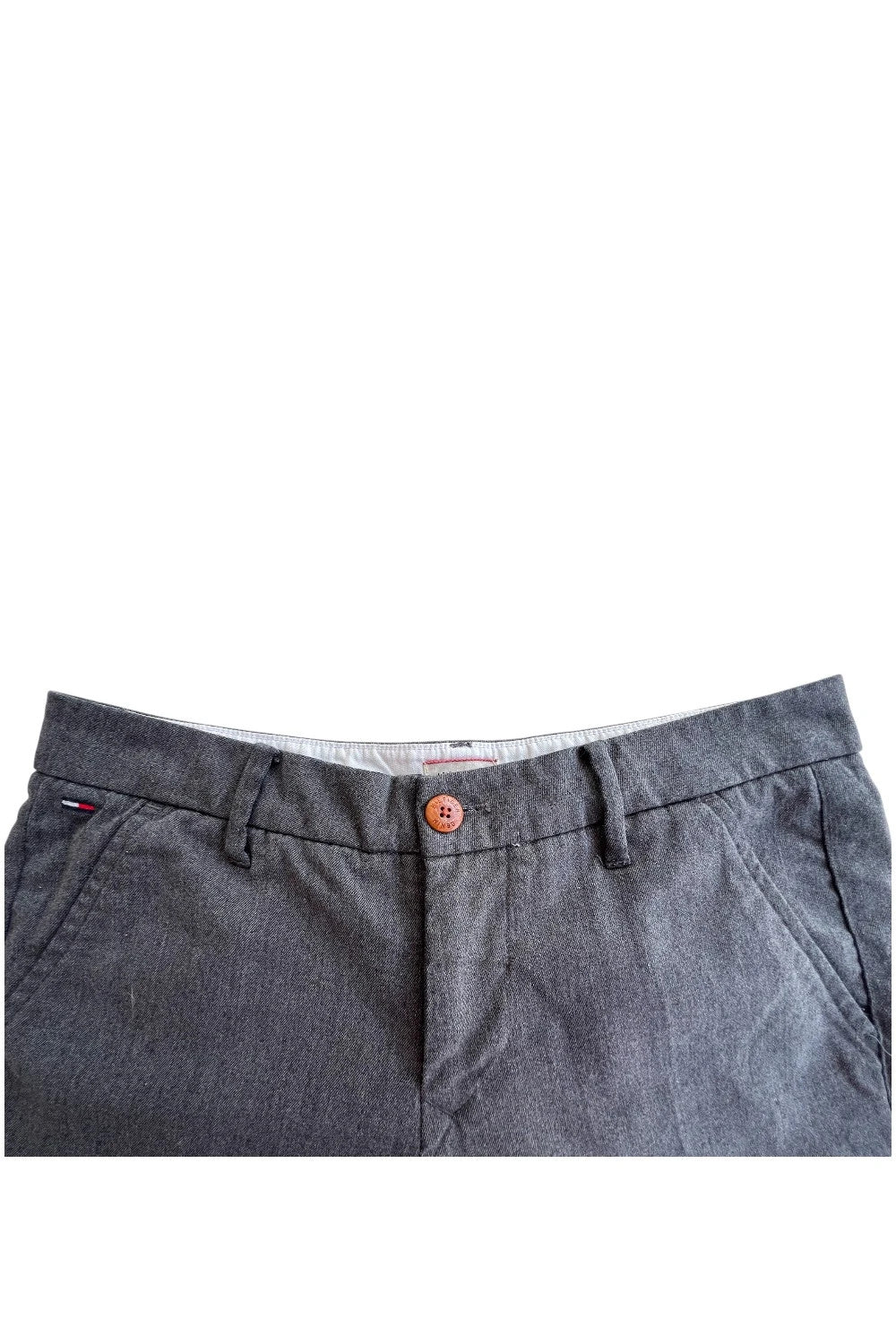 Tommy Hilfiger grey chino trousers with logo tag and soft fabric blend.