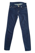 7 For All Mankind navy skinny jeans with elastic denim fabric and classic logo.