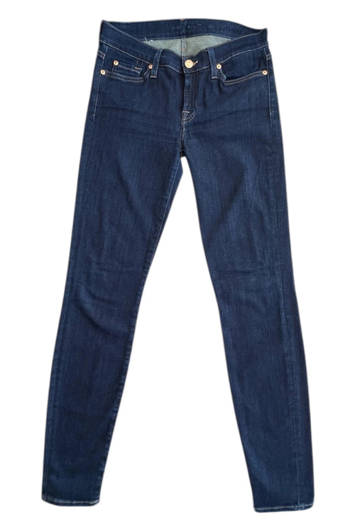 7 For All Mankind navy skinny jeans with elastic denim fabric and classic logo.