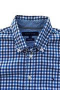 Tommy Hilfiger blue and white checkered shirt, button-down collar, 100% cotton.