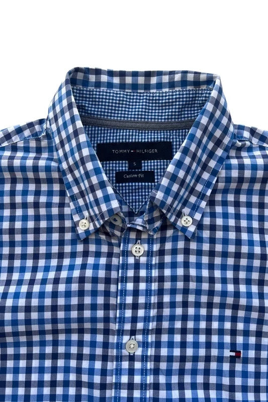 Tommy Hilfiger blue and white checkered shirt, button-down collar, 100% cotton.