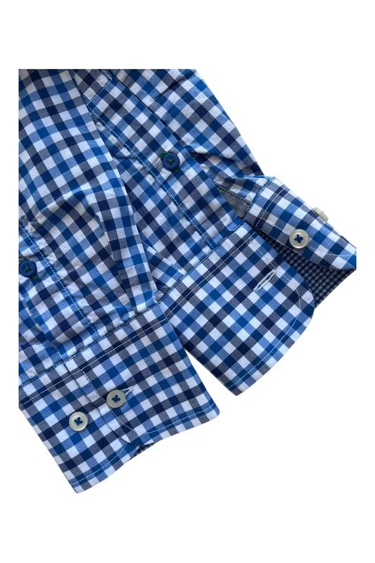 Tommy Hilfiger blue and white checkered shirt, button-down collar, 100% cotton.