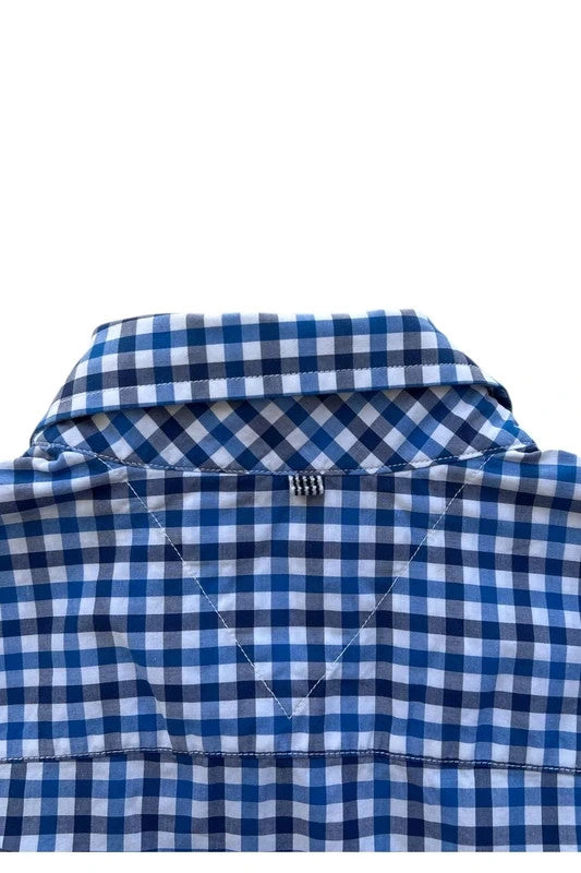 Tommy Hilfiger blue and white checkered shirt, button-down collar, 100% cotton.