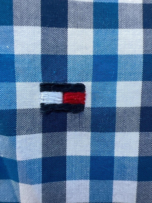 Tommy Hilfiger blue and white checkered shirt, button-down collar, 100% cotton.