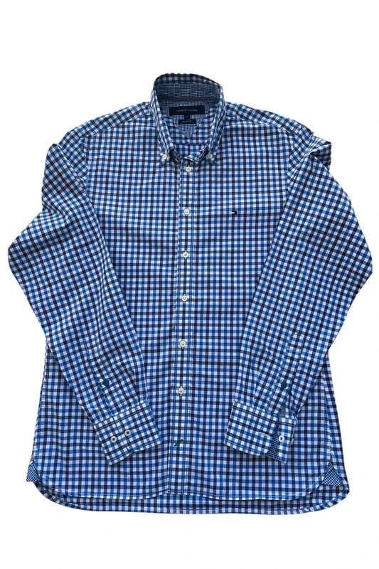 Tommy Hilfiger blue and white checkered shirt, button-down collar, 100% cotton.