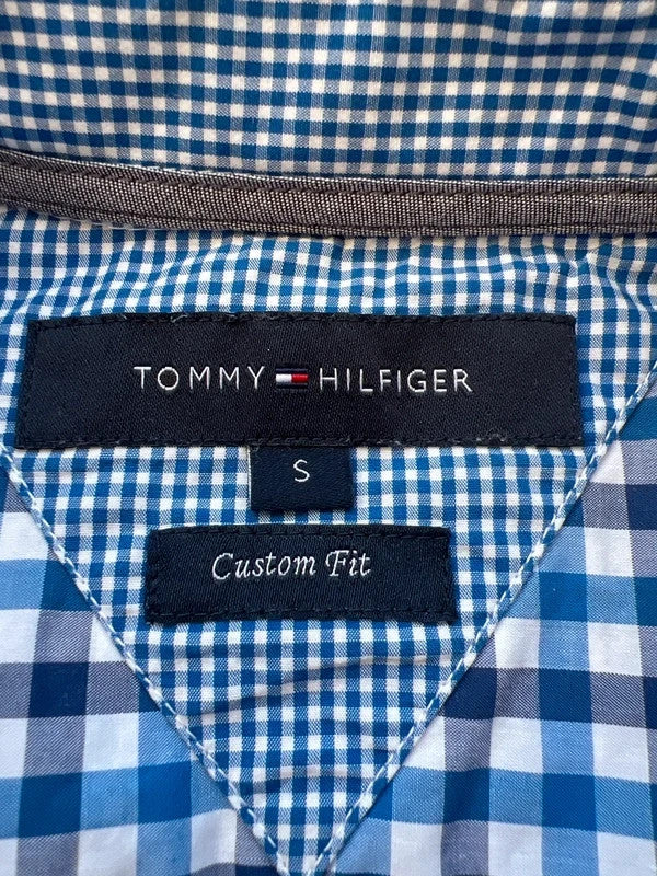 Tommy Hilfiger blue and white checkered shirt, button-down collar, 100% cotton.