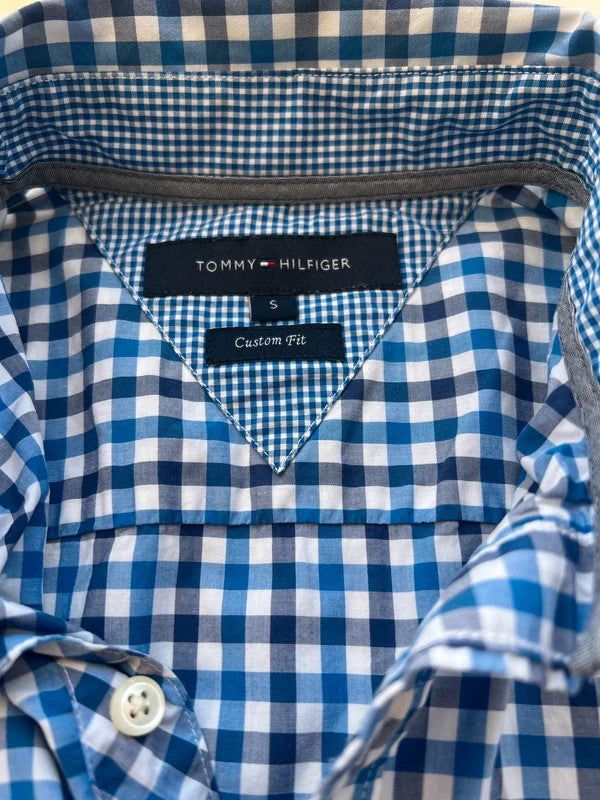 Tommy Hilfiger blue and white checkered shirt, button-down collar, 100% cotton.