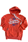 Superdry orange oversized hoodie with large vintage logo and casual streetwear style.
