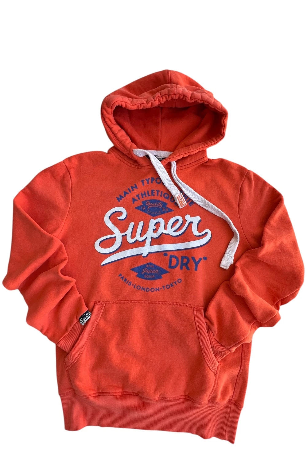 Superdry orange oversized hoodie with large vintage logo and casual streetwear style.