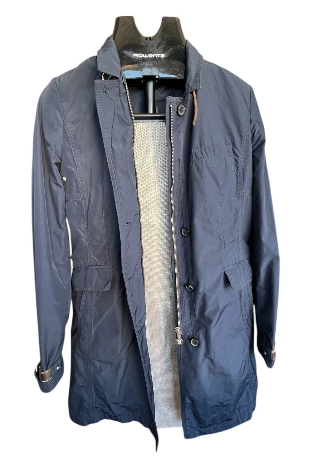 Tommy Hilfiger navy trench coat with premium zippers, buttons, and classic Old Money style.