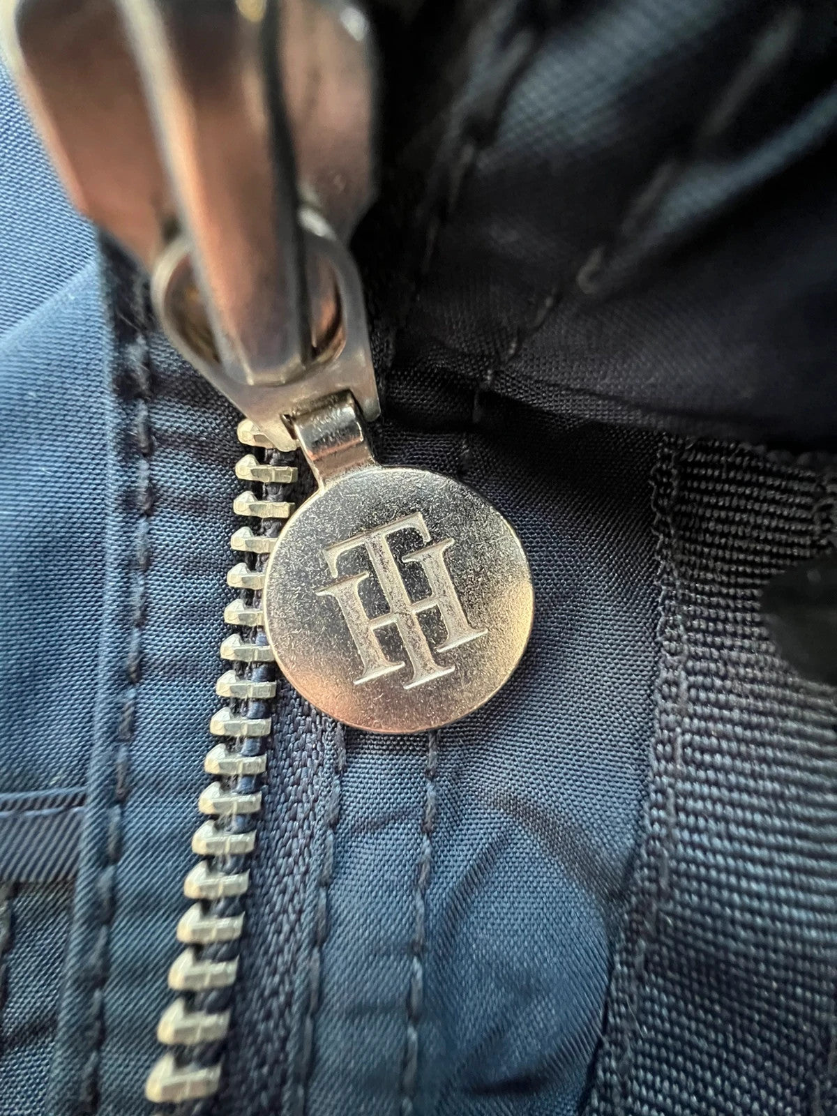 Tommy Hilfiger navy trench coat with premium zippers, buttons, and classic Old Money style.